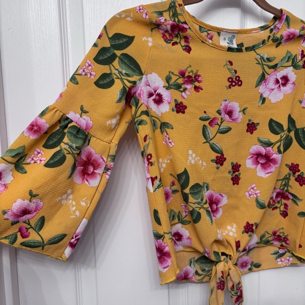 Mustard Floral Tie-Front Top | Lily Bleu Girls L (14) - Picture 3 of 8